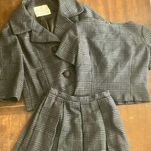VINTAGE WOMENS WOOL 3 piece SUIT JACKET SHELL SKIRT HOUNDSTOOTH PLSID BLACK 0 2